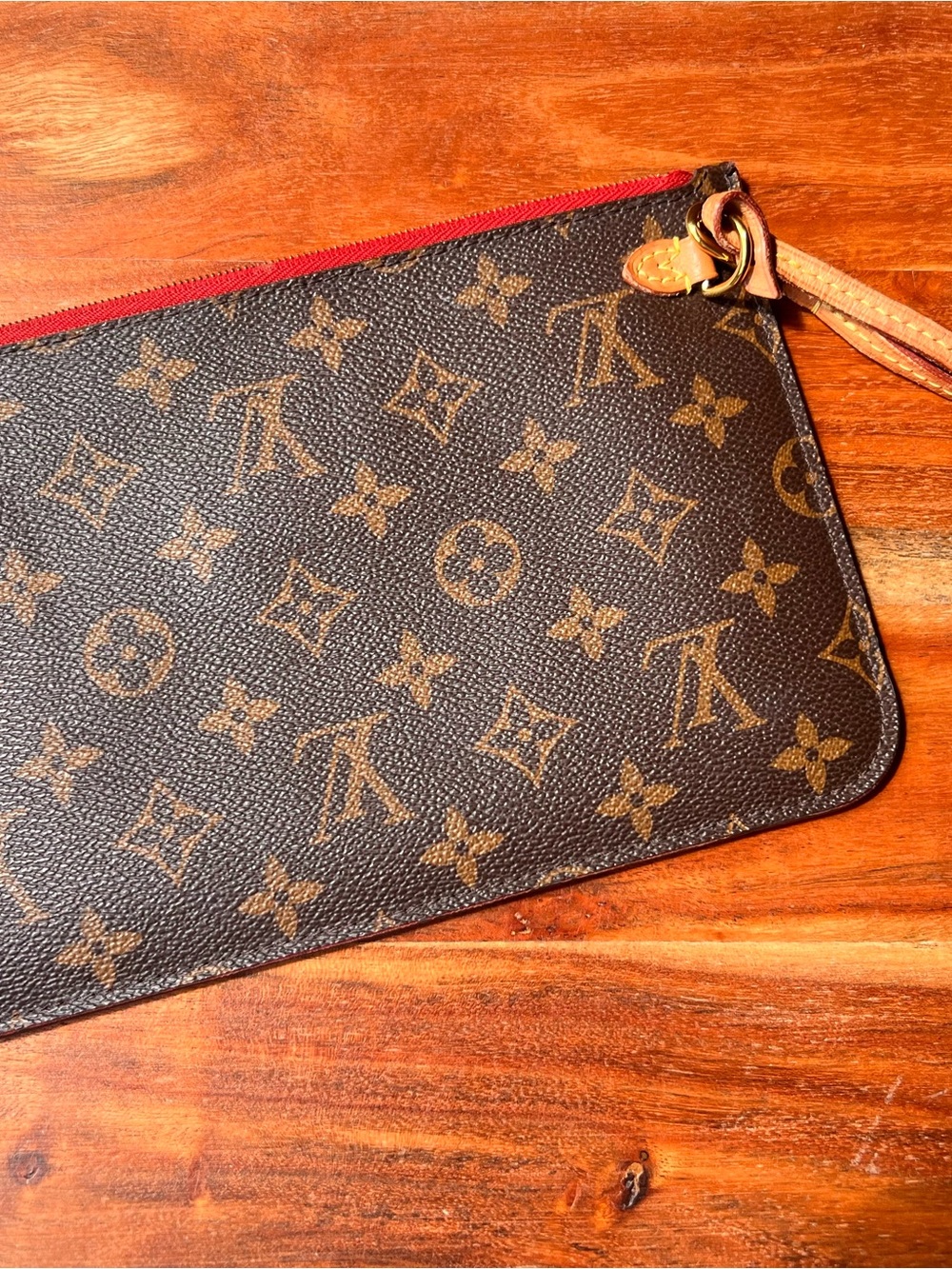 Louis Vuitton Monogram Canvas Pouch with Red Zip and Tan Strap